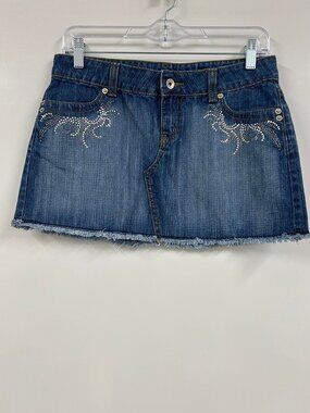 Y2K Jordache Denim Mini Skirt Rhinestone Studded Low Rise Jean Skirt Size 5/6